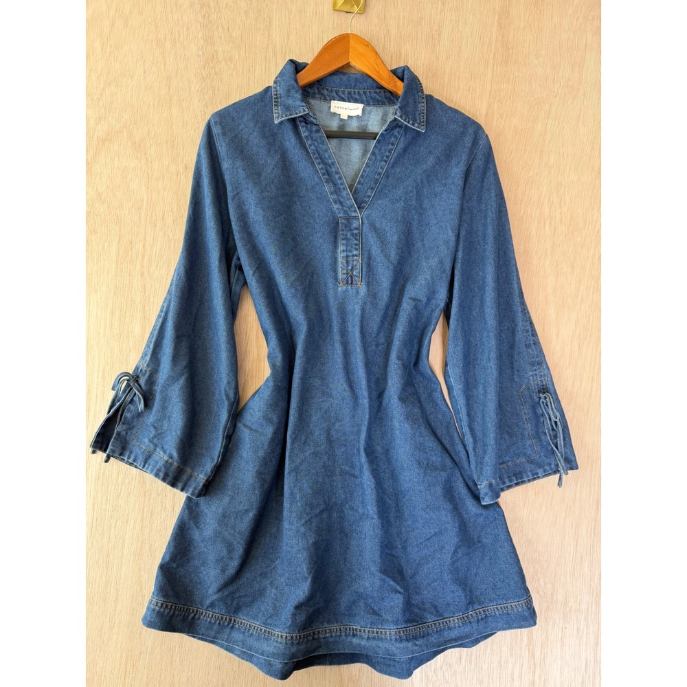 Entro Medium Wash Denim Shirt Dress V-Neck Tie Sleeve Back Cinch Women Medium